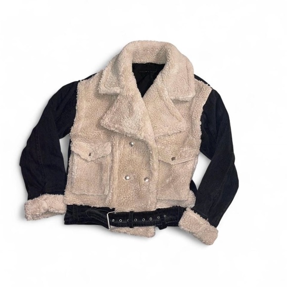Blank NYC Ivory black faux fur jacket denim M Double breasted belted hem NWT - Picture 3 of 7